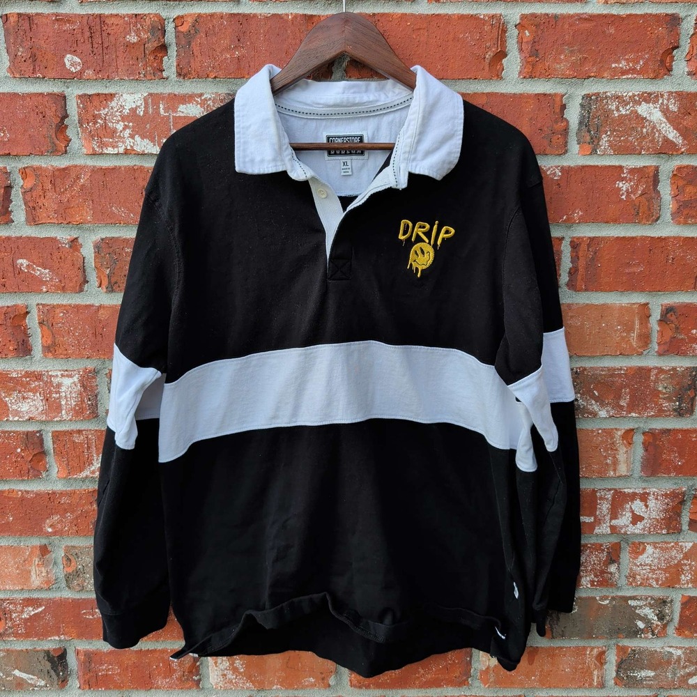 Cornerstore Bodega Rugby Shirt Mens XL Black White Drip Melting Smiley Face